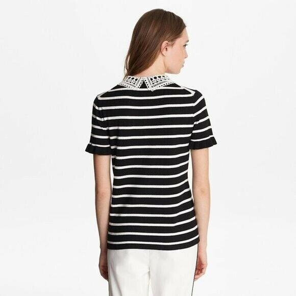Karl Lagerfeld Top Womens Medium Striped Sweater Lace Neck Ruffle Sleeve Keyhole - Picture 2 of 12